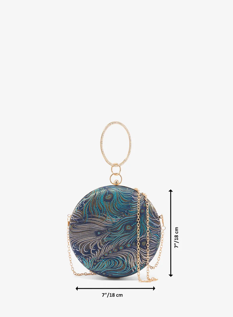 Khizana Blue Woven Print Circle Shape Statement Clutch With Gold Accent for Women | Best Price UAE